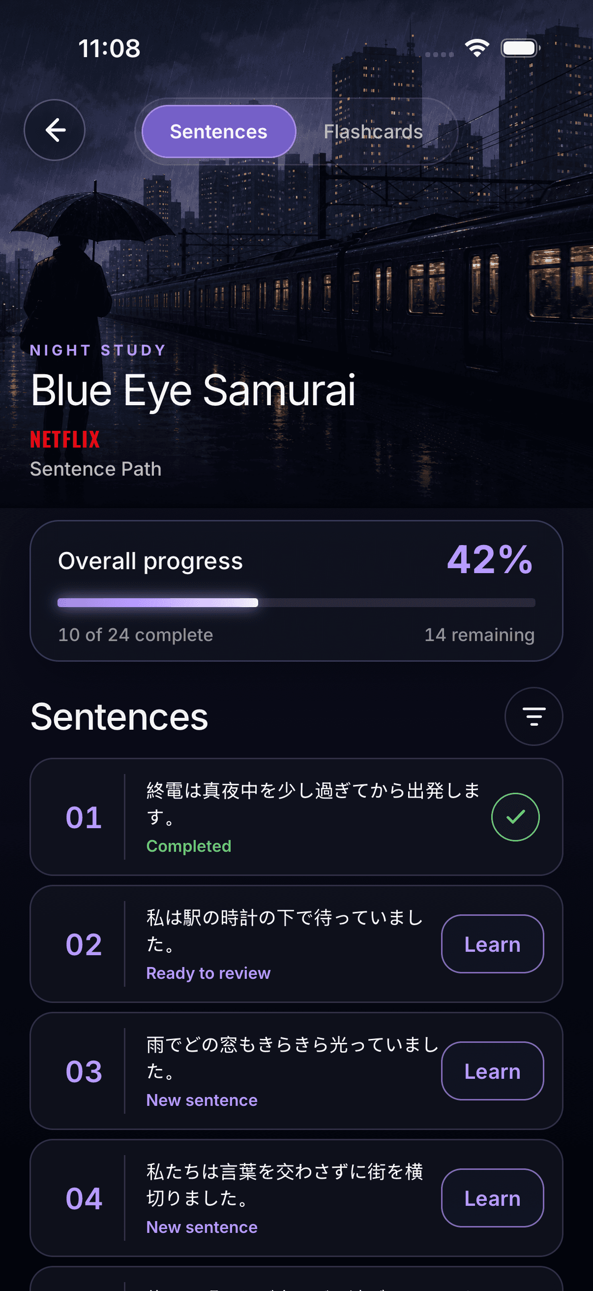 NoSubs sentence-learning screen